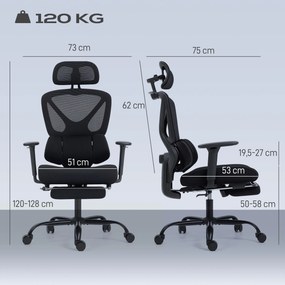 Cadeira de escritório ergonómica, cadeira de escritório com apoio lombar dinâmico e adaptável, 73 x 75 x 120-128 cm, preta