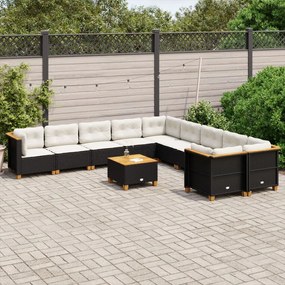 11 pcs conjunto sofás de jardim c/ almofadões vime PE preto