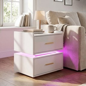 Mesa de cabeceira com base de carregamento LED, 2 gavetas, arrumação semi-suspensa e base metálica 45 x 40 x 48 cm Branca