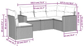 5 pcs conj. sofás jardim c/ almofadões vime PE cinzento-claro