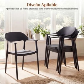 Cadeira de jantar em plástico com encosto curvo, braços e assento amplo; para uso interior e exterior, na sala, terraço ou jardim Preta