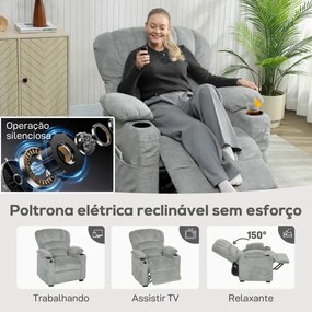 Poltrona Relax Reclinável Elétrica com Função Memória Apoia-Pés Controlo Remoto Bolsos Laterais Porta USB Porta-Copos Cinza