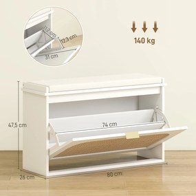 Sapateira 80 x 26 x 47,5 cm Banco para sapatos, assento almofadado, gaveta rebatível, porta em rattan, branco