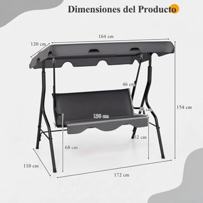 Baloiço Jardim 172 x 154 x 110 cm para 3 pessoas com toldo ajustável e almofada removível para jardim ou pátio, cinzenta