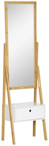 HOMCOM Espelho de Pé de Bambú Espelho de Corpo Inteiro com 1 Gaveta para Dormitório Camarim Estilo Moderno 45x30x160cm Madeira | Aosom Portugal