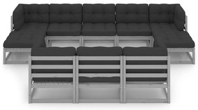 10pcs conjunto lounge de jardim + almofadões pinho maciço cinza