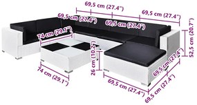 8 pcs conjunto lounge de jardim c/ almofadões vime PE branco