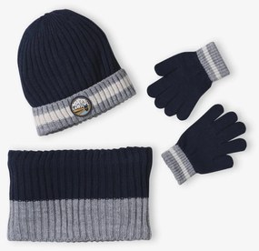Conjunto  gorro + gola snood + luvas «Montanhas», para menino   azul-noite