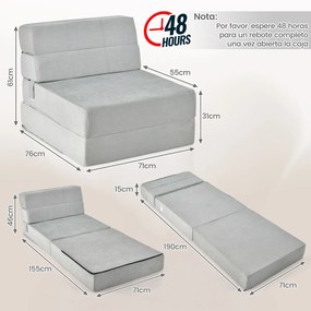 Sofá-cama dobrável 3 em 1 Colchão de espuma de densidade 3 em 1 Cobertura amovível e lavável Cama de hóspedes portátil 190 x 71 x 15 cm Cinzento
