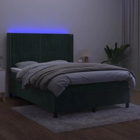 Cama box spring c/ colchão/LED 140x190 cm veludo verde-escuro