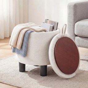 Pufe redondo com espaço de arrumação e tampa rebatível em linho 38 x 42 cm; apoio para os pés ou pufe para sala ou quarto; bege