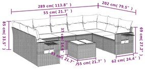 10 pcs conj. sofás jardim com almofadões vime PE cinzento-claro
