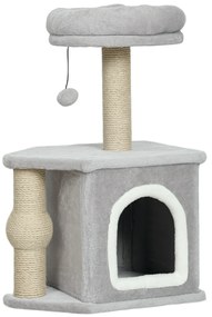 PawHut Arranhador para Gatos com Cama Caverna Plataforma Bola Suspensa e Poste de Juta 42x30x66 cm Cinza e Bege