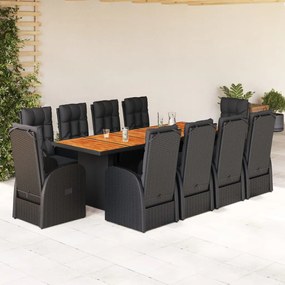 vidaXL 11 pcs conjunto de jantar p/ jardim c/ almofadões vime PE preto