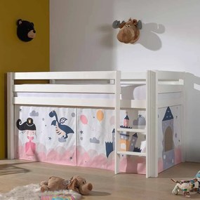 Cama alta de Criança PINO 90 x 200 cm + estrado + escada + cortina Princesa Branca
