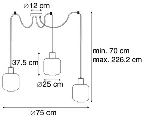 Candeeiro de suspensão de design preto com vidro âmbar 3 luzes 226 cm - Qara Design