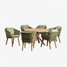 Conjunto De Mesa Redonda De Madeira (ø120 Cm) Naele E 6 Cadeiras De Jantar Barker Verde Bambu - Sklum