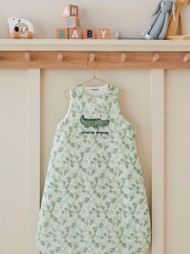 Saco de bebé sem mangas, Croco Mignon verde medio liso com motivo
