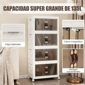 Conjunto de 4 caixas de arrumação empilháveis com portas de rodas com fecho e tampas dobráveis em PP para o quarto Branco 49,5 x 31,5 x 112,5 cm