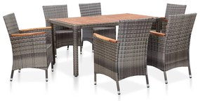 vidaXL 7 pcs conjunto jantar exterior com almofadões vime PE cinzento