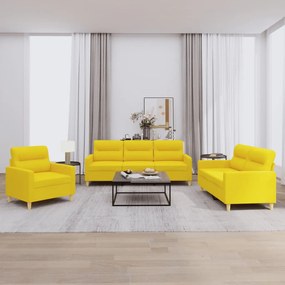 3 pcs conjunto de sofás com almofadões tecido amarelo-claro