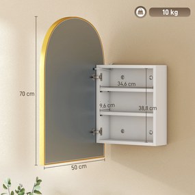 Armário de parede para casa de banho 50 x 14,5 x 70 cm com espelho e iluminação LED, porta arqueada, antiembaciamento, dourado