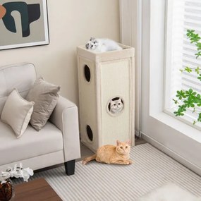 Casa para gatos com 3 cavernas e 3 esconderijos 40 x 40 x 99 cm, painéis para arranhar em sisal, cama superior com almofada removível e barril para ar