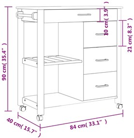 Carrinho de cozinha MONZA 84x40x90 cm madeira de pinho maciça