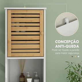 Coluna Casa de Banho Móvel Auxiliar Casa de Banho com Prateleiras Ajustáveis e Portas de Bambu 35x30x170 cm Branco e Madeira