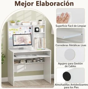 Secretária de computador 89 x 50 x 138 cm com quadro de avisos magnético e com Estante e Tabuleiro para teclado branco