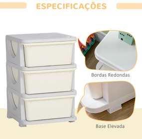 Organizador de Brinquedos para Crianças com 3 Gavetas Arrumação para Brinquedos Roupas Livros 37x37x56,5 cm Bege