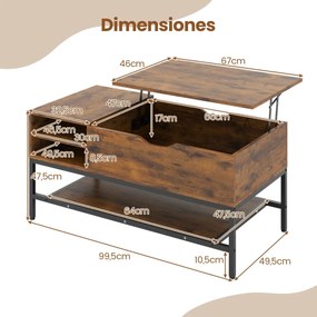 Mesa de centro elevável 99,5 x 49,5 x 47,5 cm com compartimento oculto com prateleira de armazenamento elevável Castanha