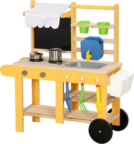 AIYAPLAY Cozinha Infantil Exterior de Madeira com Rodas Água Real Vasos Quadro e 15 Acessórios 84,2x34,4x90 cm Amarelo | Aosom Portugal