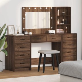 Conjunto de Mesa de Maquilhagem de 3 Peças com LED em Madeira de Carva