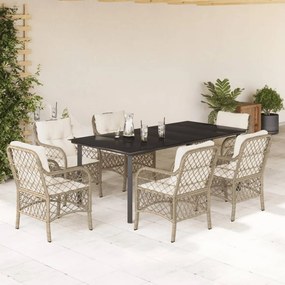 7 pcs conjunto de jantar p/ jardim com almofadões vime PE bege