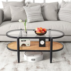 Mesa de centro oval de dois níveis com tampo em vidro temperado 102 x 46 x 46 cm, estante em vime e estrutura em madeira curvada para sala de estar ou