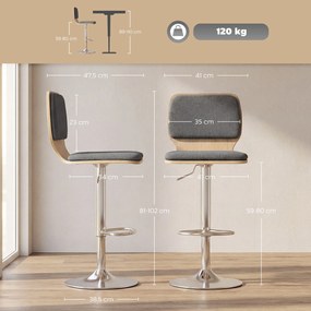 Conjunto de 2 bancos de bar, com altura ajustável, encosto e apoio para os pés, giratórios a 360°, 41 x 47,5 x 81-102 cm, cinzento