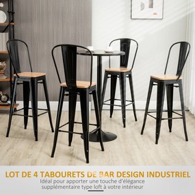 Conjunto de 4 bancos de bar com encosto e apoio para os pés, altura do assento 76 cm, metal preto, em imitação de madeira clara