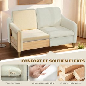 Sofá de 2 lugares, sofá de sala em tecido bouclé com almofadas incluídas, assento almofadado, 137 x 69 x 82 cm, creme