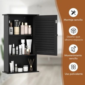 Armário de parede casa banho 42 x 16,5 x 70 cm com 3 prateleiras de arrumação e porta Móvel de banho com prateleira ajustável Preto