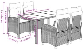 5 pcs conjunto de jantar p/ jardim c/ almofadões vime PE cinza