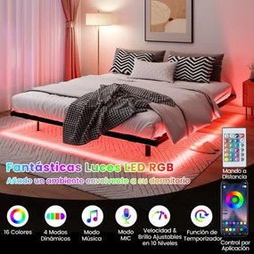 Estrutura de cama flutuante com luzes LED 200 x 160 x 24,5 cm de metal para colchão (COLCHÃO NÃO INCLUIDO) Base de ripas Somier preto