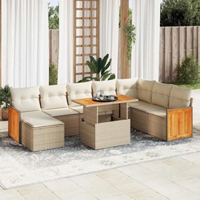 vidaXL 9 pcs conjunto sofás jardim com almofadões vime PE/acácia bege