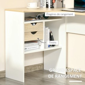 Secretária de canto com 2 gavetas, 120 x 60 cm, secretária em L com 3 compartimentos abertos, secretária para computador, ideal para estudar, trabalha