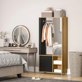 Guarda Roupa de quarto com espelho, compartimentos abertos, armário embutido e barra para pendurar roupa, 80 x 30 x 170 cm, cor madeira natural, preto