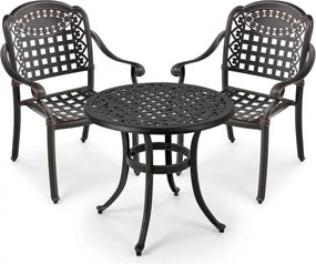 Conjunto jardim de 2 cadeiras empilháveis em alumínio fundido com braços e mesa auxiliar redonda para exterior (jardim, terraço), cor bronze