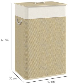 Cesto de Roupa com Tampa 72L Cesto de Roupa de Bambu com Bolsa Interior Removível e Alças 40x30x60 cm Bege e Creme