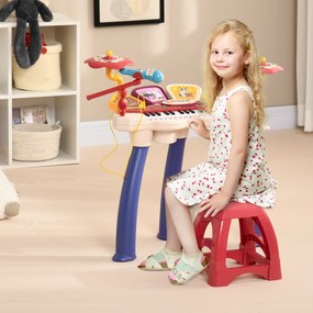 Piano Eletrónico para Crianças com 32 Teclas Microfone Banco Luzes 19 Músicas e Bateria 74x32,2x71 cm Multicor