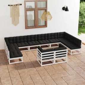 vidaXL 12 pcs conj. lounge de jardim c/ almofadões pinho maciço branco
