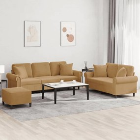 3 pcs conjunto de sofás com almofadas veludo castanho